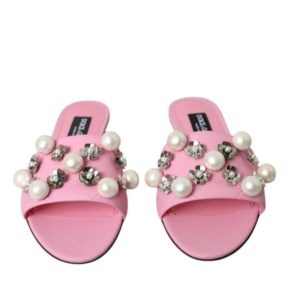 Dolce & Gabbana Dolce & Gabbana Pink Embellished Leather Flats Sandals Shoes - Picture 2 of 6